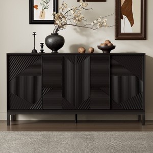 ORRD Mirod Modern Geometric Accent Cabinet with Sliding Doors, Vertical Striped Design, Wood Veneer Top, and Storage Drawers - 1 of 4