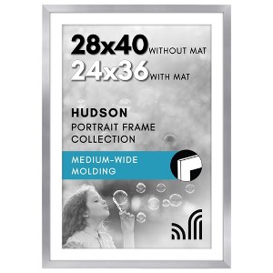 Americanflat 28x40 Poster Frame  - Use as 24x36 Frame with Mat or Display 28x40 Photo Without Mat - Hudson Collection - Silver - 1 of 4