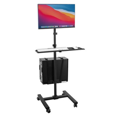 Mount-It! Height Adjustable Rolling Computer Cart, Mobile Workstation with Tray Monitor Mount and CPU Holder for Office and Industrial Use, Black