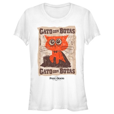 Juniors Womens Puss in Boots: The Last Wish Gato Con Botas Poster  T-Shirt - White - 2X Large