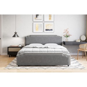 Bed Frame, Velvet Upholstered Platform Bed Frame with Rivet Decor Headboard and Strong Wood Slat Support - 1 of 4