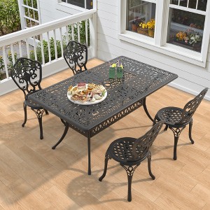 5-Piece Outdoor Dining Set, Black Cast Aluminum Rectangle Table with Umbrella Hole and 4 Chairs - 1 of 4