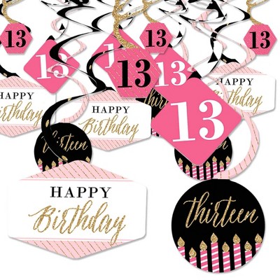 Big Dot of Happiness Chic 13th Birthday - Pink, Black and Gold - Birthday Party Hanging Decor - Party Decoration Swirls - Set of 40