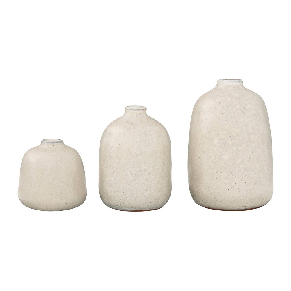 Set of 3 Terracotta Vases with Pitted Sand Finishes Light Gray - Storied Home: Watertight, Round Shape, Tabletop Decor