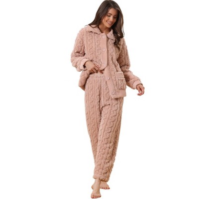 AherBiu Womens Plush Pajamas Sets Button down Turndown Collar Housecoat  Pants Cute 2pcs Homewear