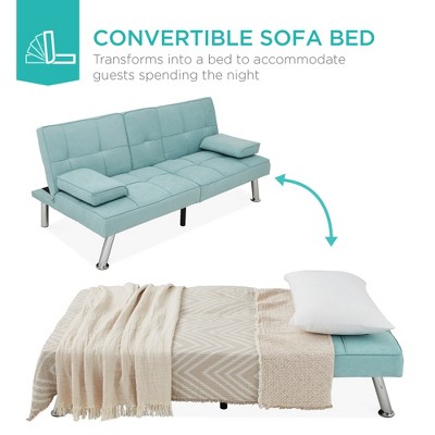 Aqua Tufted Linen Convertible Sleeper Sofa with Metal Legs and Cupholders