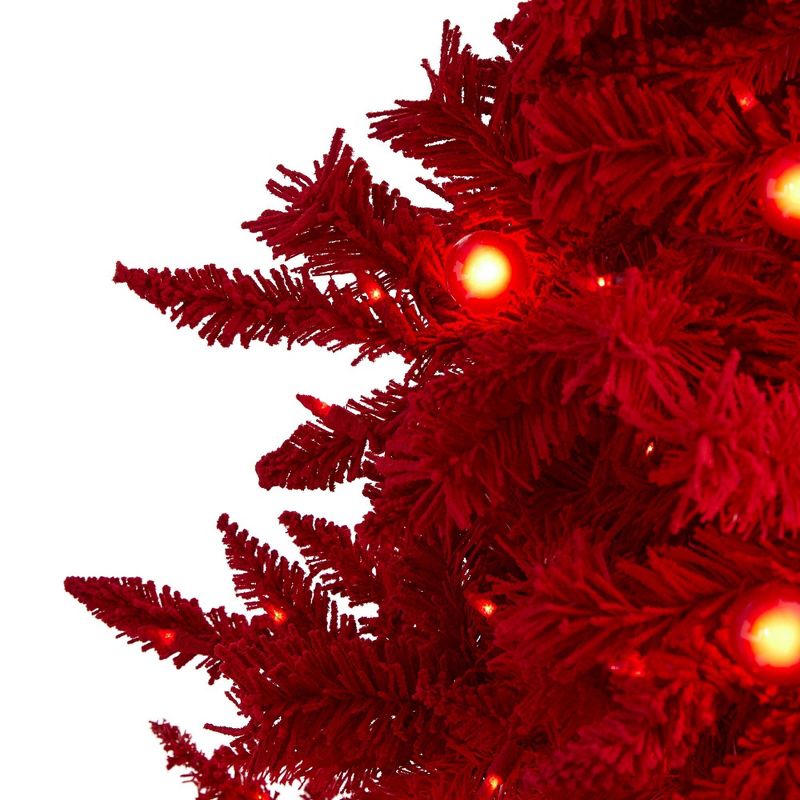 6ft Nearly Natural Pre-Lit Red Flocked Fraser Fir Artificial Christmas Tree Red Lights, 4 of 10
