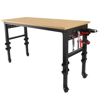 Adjustable Workbench with Power Outlet, Rubber Wood Top Work Table with Wheels and Leveling Foot, Hardwood Workbench for Garage Workshop Office