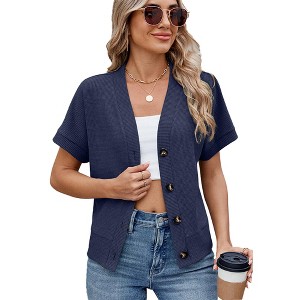 Womens Summer Tops Waffleknit Button Down Shirts Casual V Neck Short Sleeve Shacket Jacket Dressy Blouses - 1 of 4