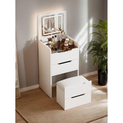 NicBex Makeup Vanity Desk with Plip Top Mirror,Wood Makeup Table with Glass Desktop,3 Drawers and Cushioned Tool for Bedroom