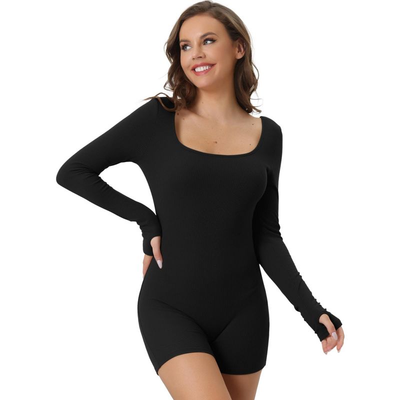 Allegra K Women's Square Neck Full Tummy Control Slimming Long Sleeve Ribbed Mid Thigh Body Shapers, 1 of 5