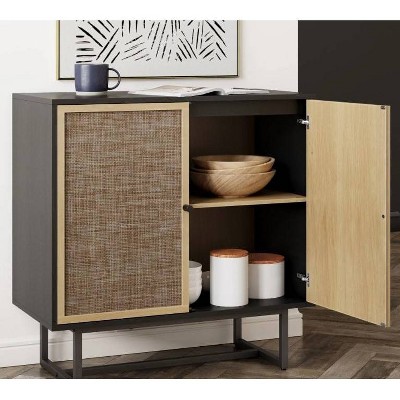 Black Oak and Rattan Freestanding Cabinet with Adjustable Shelves