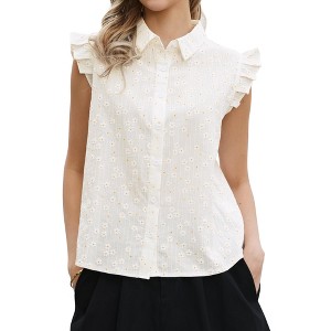 INSPIRE CHIC Women's Turndown Collar Ruffle Cap Sleeve Summer Button Down Floral Printed Blouses - 1 of 4