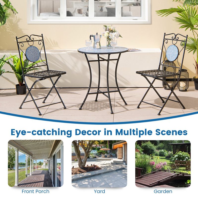 3pcs Patio Bistro Set Outdoor Furniture Mosaic Table Chairs All Weather Garden, 5 of 11