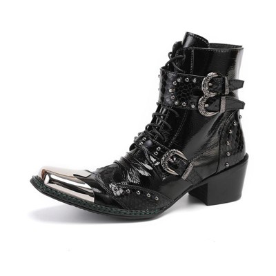 Santimon Mens Boots Casual Black Western Leather Fashion Square Toe Metal Tip Dress Ankle Boot