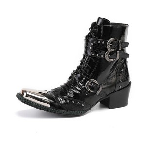 Santimon Mens Boots Casual Black Western Leather Fashion Square Toe Metal Tip Dress Ankle Boot - 1 of 4