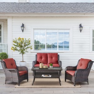 Buenhomino 4 Pieces Patio Conversation Set Outdoor Rattan Patio Furniture Set Wicker Chair with Thick Cushion and Glass Table for Patio Backyard Porch - 1 of 4