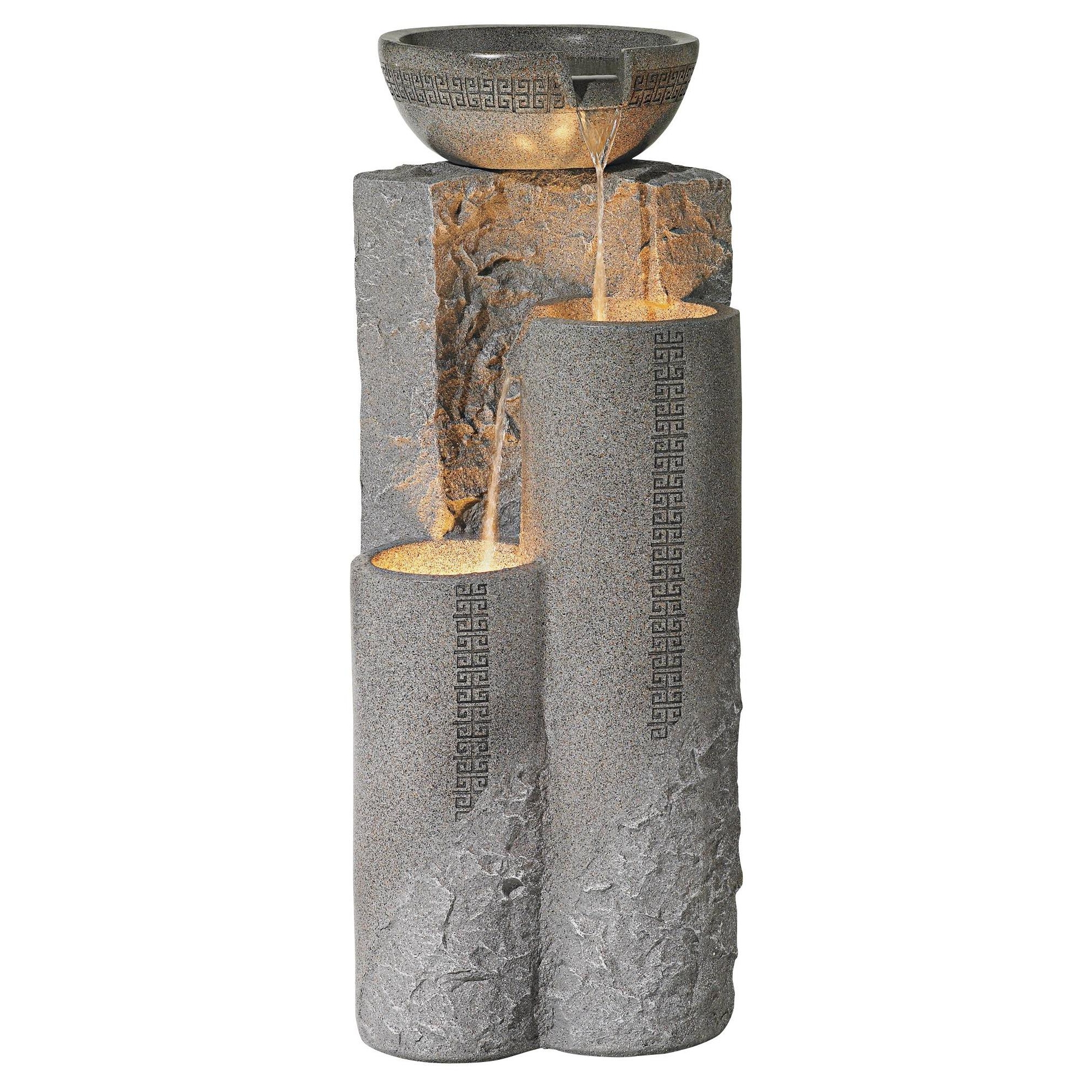 Bowl and Pillar 34 1/2" High Large Modern Zen Outdoor Decor Faux Stone Floor Fountain with Light LED Waterfall Outside Garden Patio