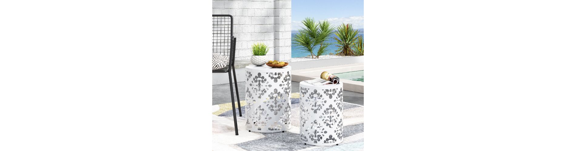 Lyngins 2-Pack White Patio Side Table with Floral Cut Design, Cylindrical Outdoor End Table, Iron-cut Outdoor End Table for Patio