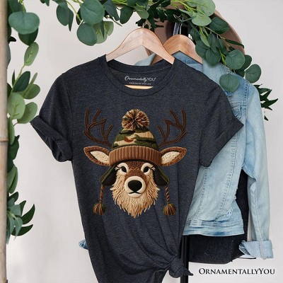 Deer Head Camo Hat Christmas T-Shirt, Imitation Latch Hook Yarn Cozy Hunting Season Tee | OrnamentallyYou