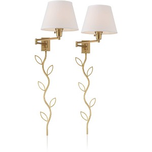 360 Lighting Clement Modern Swing Arm Wall Lamps Set of 2 with Cord Covers Warm Brass Plug-in Light Fixture White Linen Drum Shade for Bedroom Bedside - 1 of 4