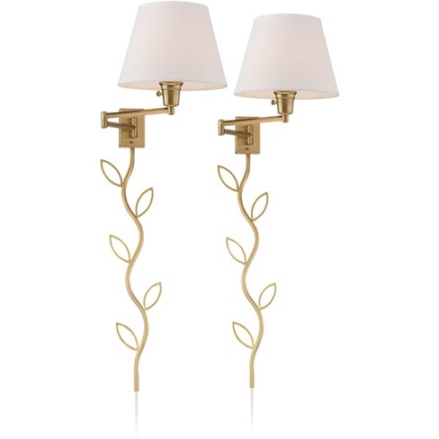 360 Lighting Clement Modern Swing Arm Wall Lamps Set Of 2 Cord Covers Warm Brass Plug-in Light Fixture White Linen Drum Shade For Bedroom Bedside : Target