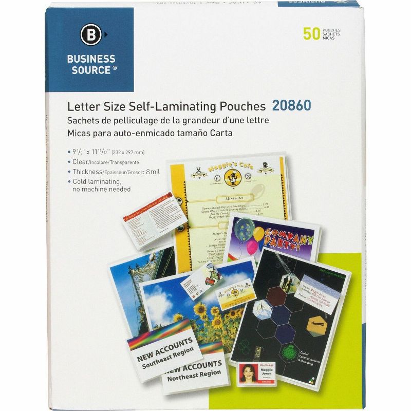 Business Source Laminating Pouch Letter 6Mil 9"x11-1/2" 50/BX Clear 20860, 1 of 2