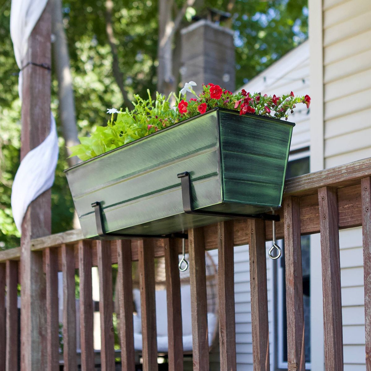 ACHLA Designs 24" Wide Rectangular Flower Box Galvanized Steel with Black Wrought Iron Clamp-On Brackets Green Patina - thumbnail 5