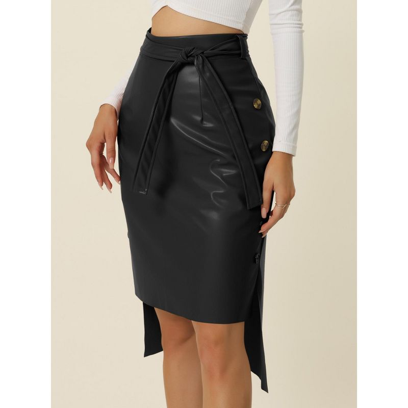 Seta T Womens' High Low Hem Belted High Waist Side Button Decor Faux-Leather Skirt, 2 of 6