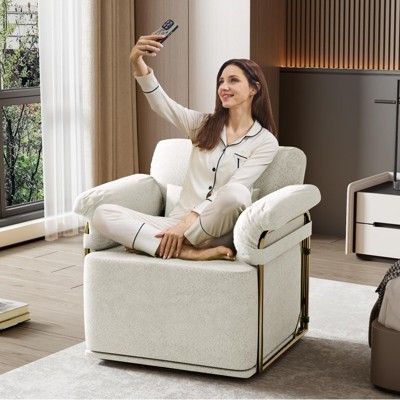 KWPZQEB 360° Swivel Sofa Chair, Modern Accent Chair Comfy Armchair with Pillows & Gold Metal Legs, Upholstered Reading Chair for Living Room