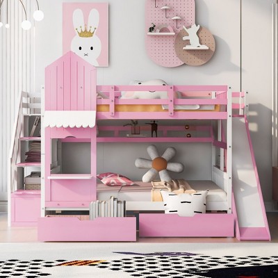 NicBex Full Size Bunk Bed Castle Shape Loft Bed with 2 Drawers, 3 Shelves, Storage Stairs, Slide and Guardrail, No Box Spring Required