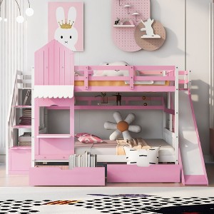 NicBex Full Size Bunk Bed Castle Shape Loft Bed with 2 Drawers, 3 Shelves, Storage Stairs, Slide and Guardrail, No Box Spring Required - 1 of 4