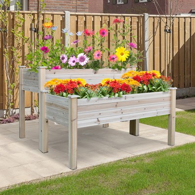 Natural Fir Wood Two-Tier Raised Garden Bed Planter