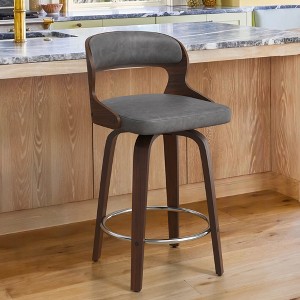 26" Counter Height Bar Stools, Mid Century Bar Stool with Solid Back, Barstools with Walnut Finish and Faux Leather Seat, 360-degree Swivel Bar Stools - 1 of 4