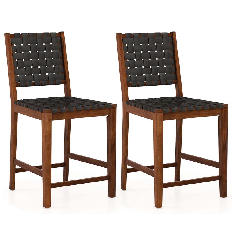 Costway Woven Bar Stools Set of 2 Counter Height Dining Chairs Faux PU Leather Kitchen, 1 of 9