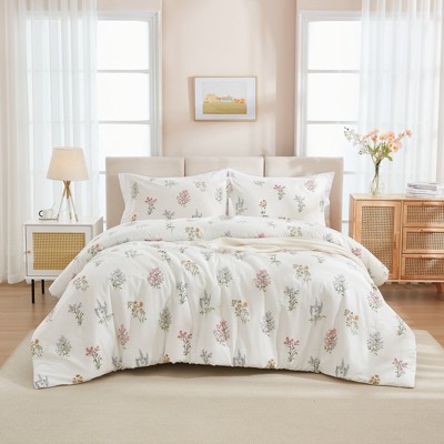 Cotton Duvet Cover Set – 100% Washed Cotton Reversible Floral Bedding with Zipper Closure, Soft Breathable 3-Piece Set