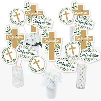 Big Dot of Happiness Confirmation Elegant Cross - Religious Party Centerpiece Sticks - Table Toppers - Set of 15