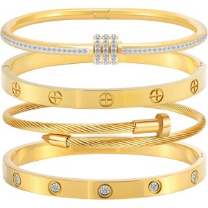 Stainless Steel Bangle Bracelet Set for Women with Sparkling Crystal Inlay, Non Tarnish Love Bangle Gift - 1 of 4