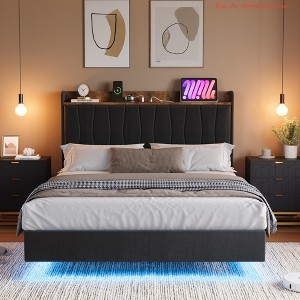 Full/Queen/King Size Floating Bed Frame w/ Lights and Storage Headboard, Full/Queen/King Upholstered Metal Platform Bed with Charging Station - 1 of 4