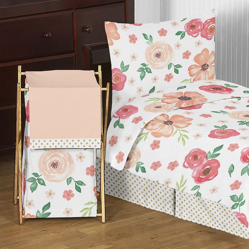 Sweet Jojo Designs Girl Laundry Hamper Watercolor Floral Peach Pink and Green, 3 of 7