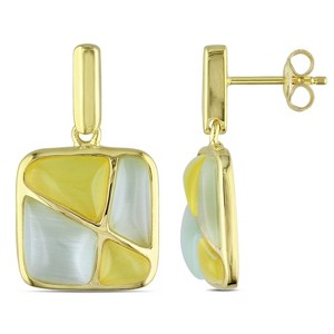 EVERLY JEWELRY | Yellow Plated Sterling Silver Light Green and Yellow Simulated Cat Eye Geometric Earrings - 1 of 2