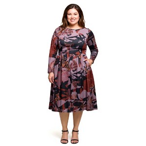 24seven Comfort Apparel Long Sleeve Midi Dress Brown Floral Print - 1 of 3