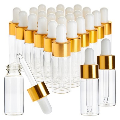 Juvale 24-Pack Clear Glass Tincture Bottles with Dropper, Mini Eye Dropper Bottles for Essential Oils, Travel Aromatherapy Perfume, Gold, 10ml
