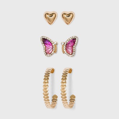  Acrylic Crystal and Ombre Pink Stone Earring Set 3pc - Wild Fable™ Gold 