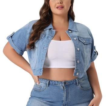 Agnes Orinda Women's Plus Size Button Front Trendy Washed Rolled Sleeves Cropped Jean Jackets