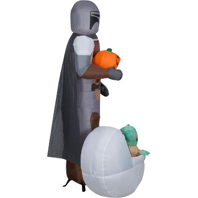 6.5 ft Tall Gray Inflatable Mandalorian with Grogu and Pumpkin