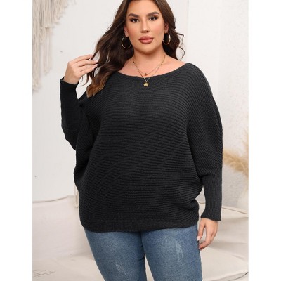 Whizmax Womens Plus Size Off-Shoulder Sweater Tops Batwing Sleeve Winter Knit Blouses, Black, 2XL