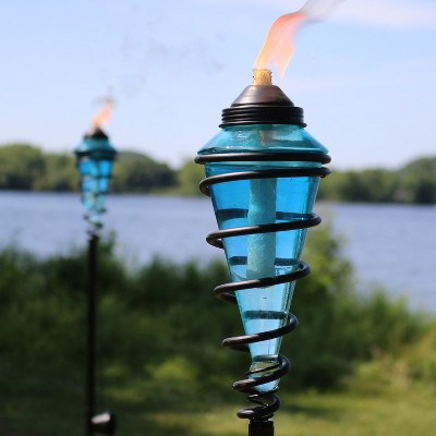 Adjustable Height Blue Glass and Metal Swirl Patio Torch Set