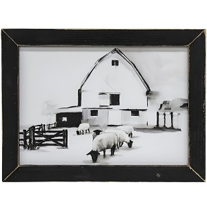 Slickblue Grazing Sheep Framed Print – Black and White Watercolor Style Farmhouse Art, Distressed Black Wooden Frame - 1 of 3