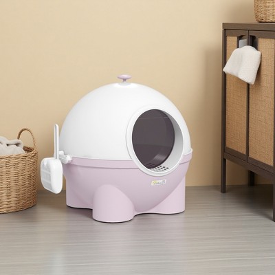 FURNIinspire Pet Training Pads And Potties Large Kitty Litter Pan, Corner Litter Box, Cat Litter Box With Lid, Scoop, Pink, 20.75"*20"*19"